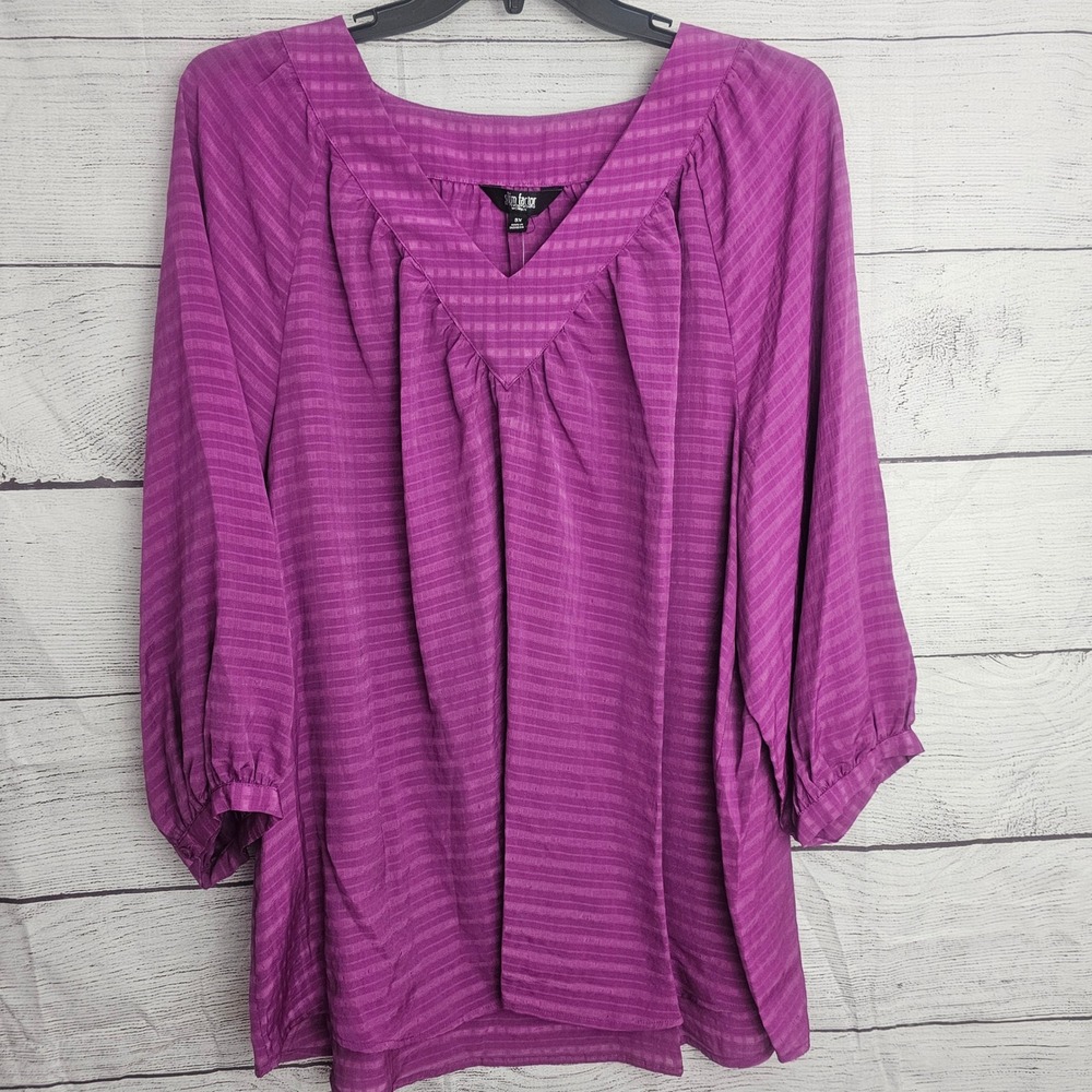 Slim Factory Investments 3X Sloane Hollyhock Purple V Neck Sheer Stripe Top 1335